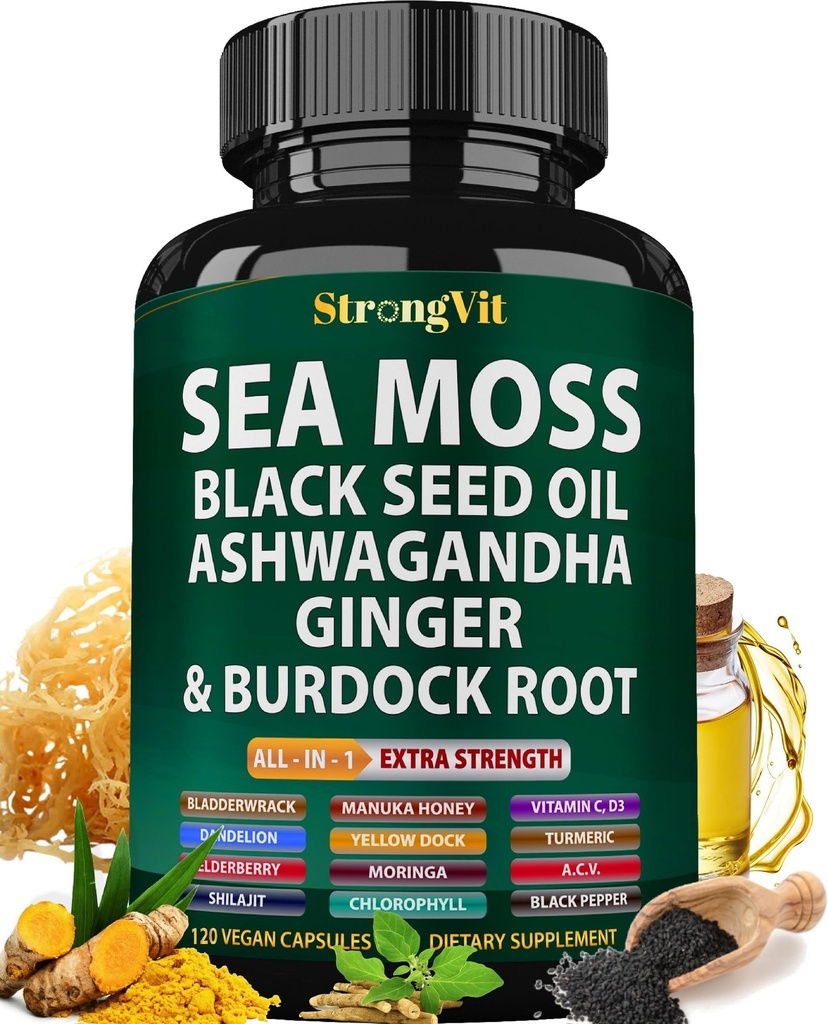 Sea Moss Black Seed Oil Ashwagandha Ginger, Organic Sea Moss Capsules with Burdock Root, Irish Seamoss Pills with Bladderwrack, Turmeric, Shilajit, Multimineral Supplemen, USA (120 Capsules)