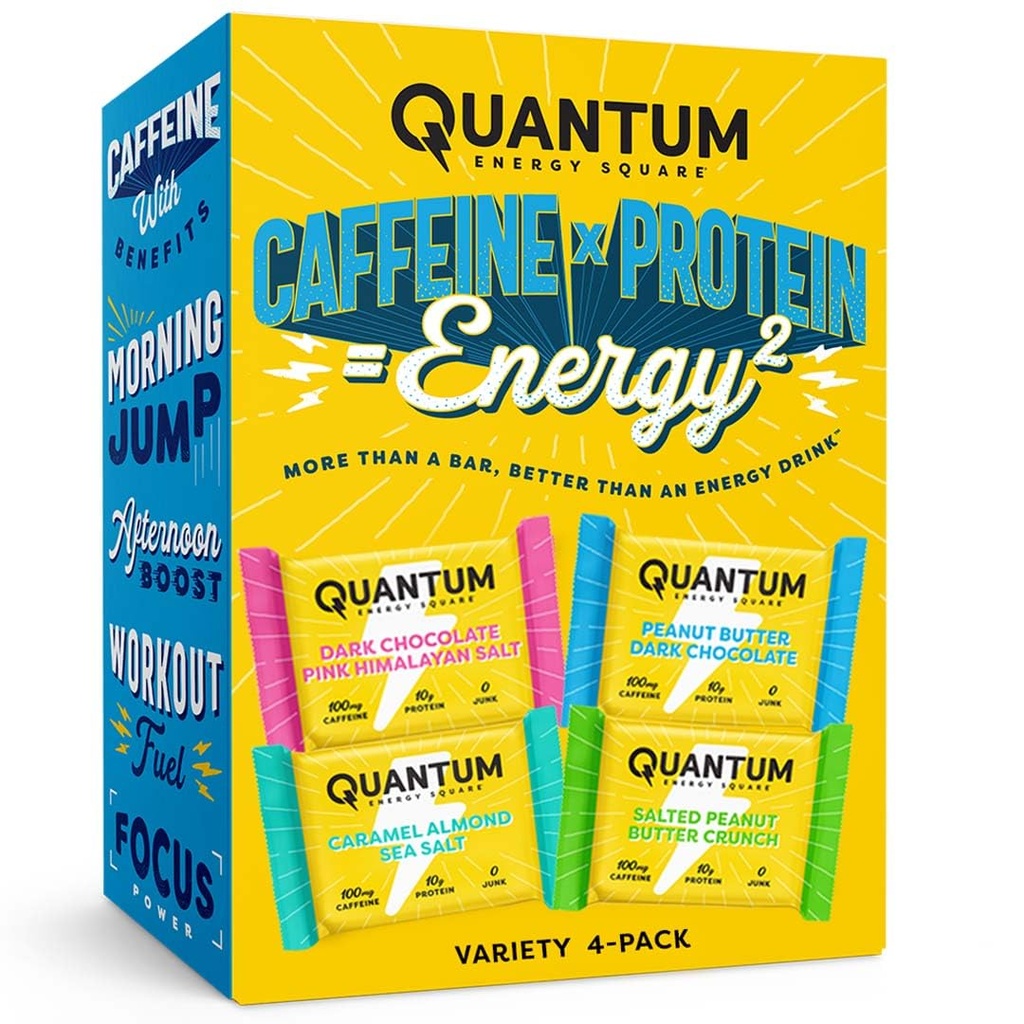Quantum Energy Square - Energy Bar with Caffeine & 10g Protein, Healthy Snack On the Go - Vegan, Gluten- Free, Soy & Dairy- Free Variety 4-Pack