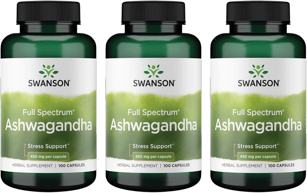 Swanson Ashwagandha Powder Suplemen - Ashwagandha Root Promoting Relief & Energy Suplemen Ayurvedic untuk Wellness Natural (100 Capsules, 450mg Masing-masing) 3 Pack