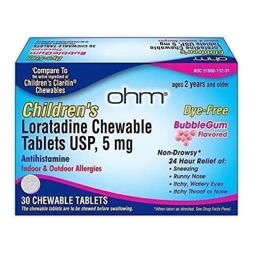Ohm Anak Loratadine Chewable, Dye Free, Bubblegum, Non- Drowsy 24h Relief dari Sneezing, Runny Nose, Mata Pengamatan, Itchy Throat atau Nose, Antihistamin, Allergies & Outdoor, 5mg, 30 tablet