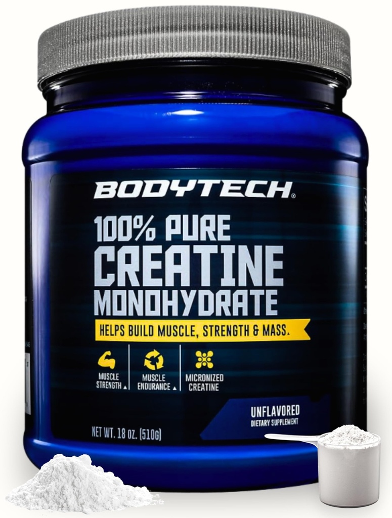 BODYTECH 100% Pure Creatine Monohydrate Powder - Premium Micronized Creatine Creatine Kekuatan dan Performance - Mendukung Otot, Pemulihan, dan Peningkatan Ekstrasi (18oz / 102 Hamba)