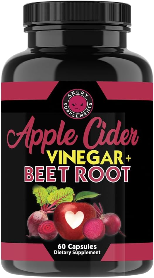 Suplemen Angry Apple Cider Vinegar + Beet Root Powder Capsules, Pure ACV Beetroot 1000mg per Serving, Kesehatan Digetical bagi Pria dan Wanita (Supply 60-1 Bulan)