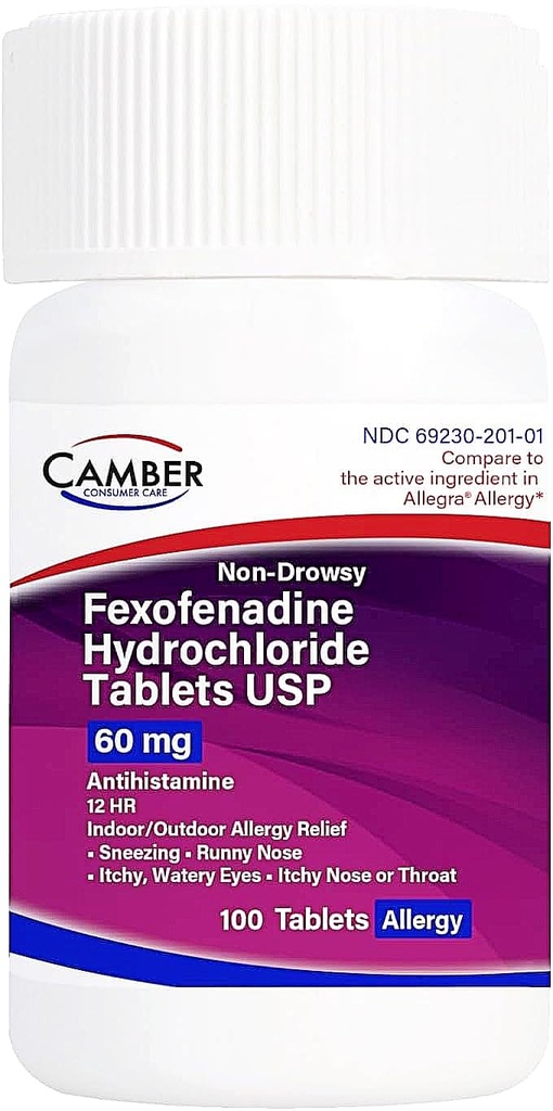 Camber Non-Drowsy Fexofenadine Antihistamin di luar pintu Relief Allergy Tablet 60Mg 100 Count