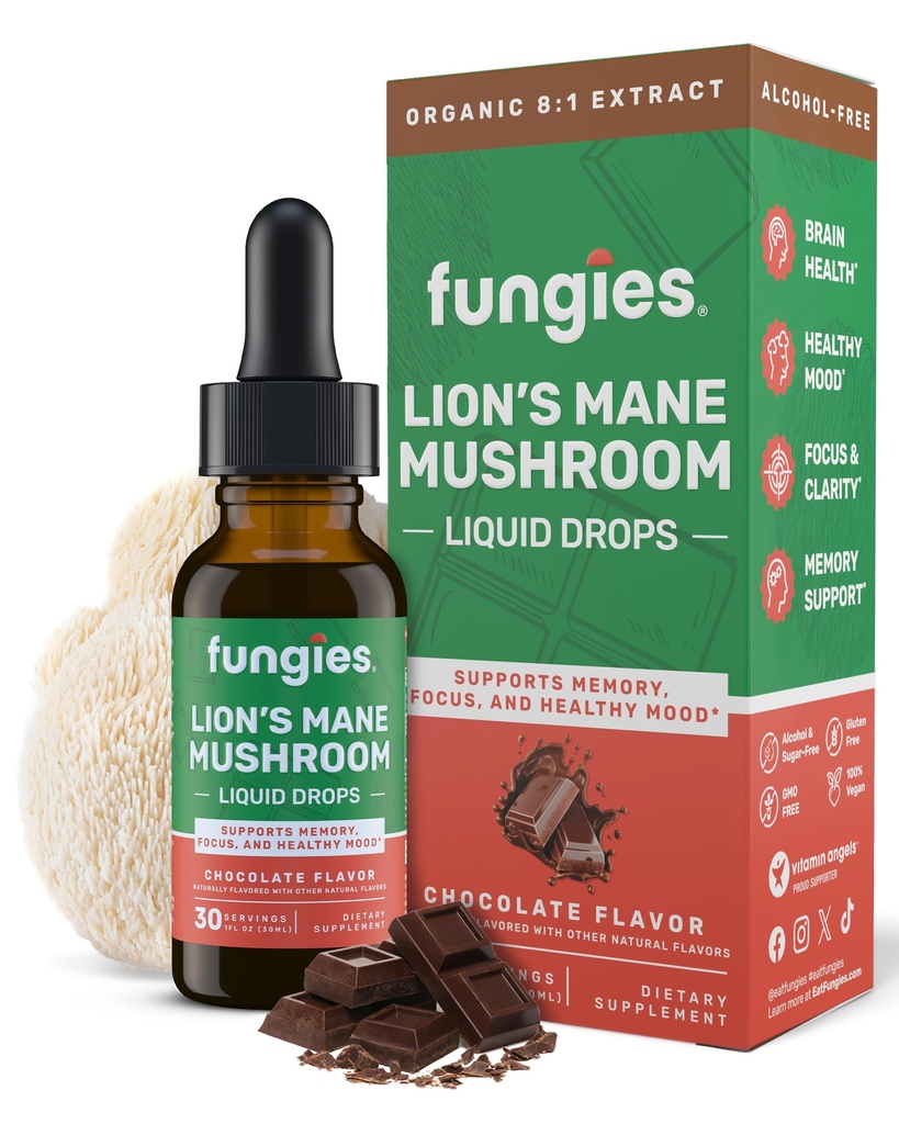 Fungies Lion 's Mane Mushroom Drops, Chocolate - Tincture with Lions Mane Extract Support Brain Fog, Focus, Memory & Heally Mood - Mushroom Complex Suplement for Dewasa - 30 Servis