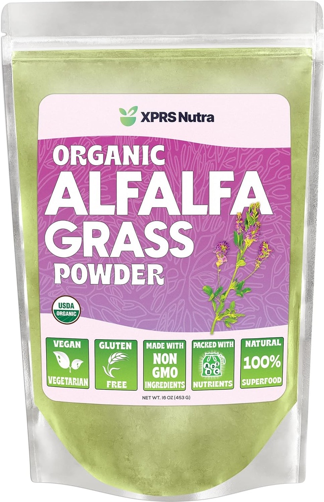 XPRS Nutra Organic Alfalfa Powder - Premium Vegan Suplemen Kaya di Kalsium, Antioksidants, Vitamin - Persediaan Petani untuk Anak dan Dewasa - Vegan Friendly Alfalfa Leaf (16 Ounce)