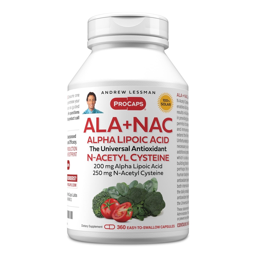 ANDREW LESSMAN ALA + NAC Alpha Lipoic Acid dengan N- Acetyl- Cysteine 360 Kapsul - Potensi Ultra-High, Anti- Oxidant Dukungan untuk Sistem Gugup, Hati, Hati, Hati, Hati, Kidneys, Lungs, Energi. Tidak Ada Alamat