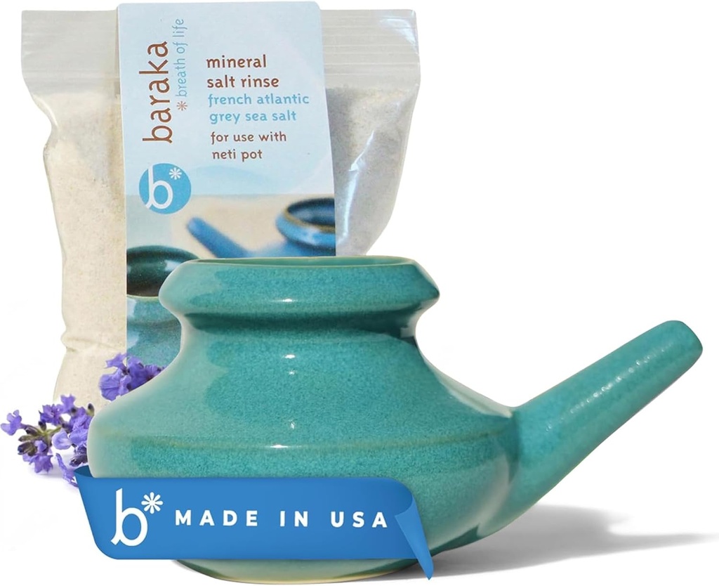 Baraka Neti Pot Tool Kit - Snoring & Saline Solution, Dishwasher Seramic Save dengan Garam Laut Mineral 2oz untuk Nose Cleaning & Sinus Rinse Perfect for Allergy Relief di Dewasa & Anak (Jade)