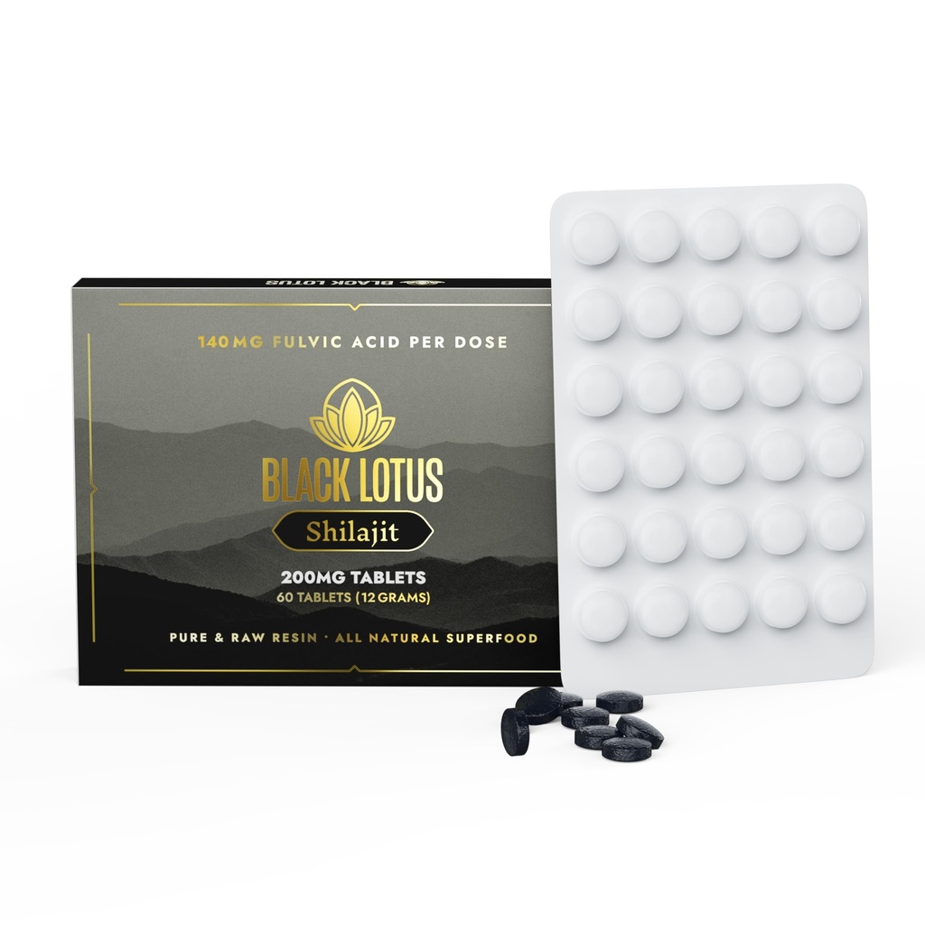 Black Lotus Shilajit Resin Tablet, 60 Count, 200 mg Masing-masing, 100% Pure Natural Shilajit untuk Pria & Women dengan Amino Accids, 140mg Fulvic Acid, 85 Ionic Trace Mineces, untuk Imune Dukungan, Fokus, Energi