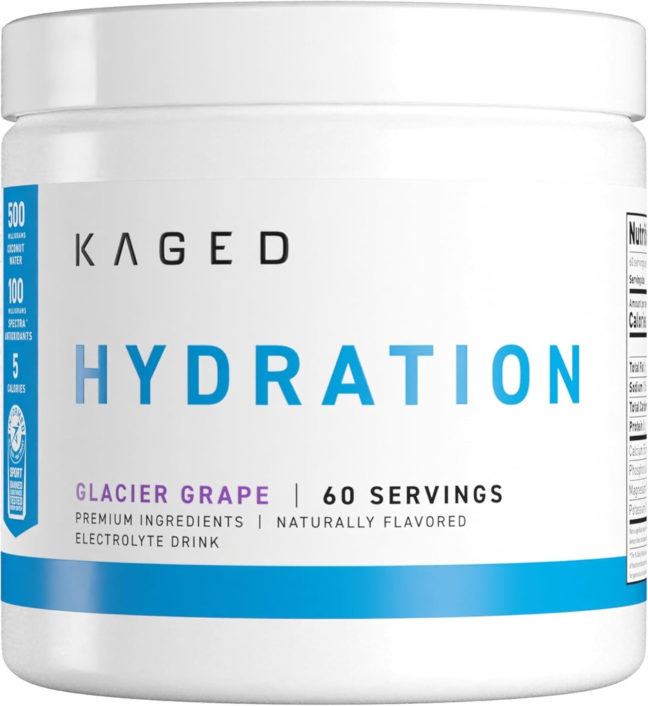 Kaged Hydration Electrolytes Powder 124; Glacier Grape 124; Hydra- Charge Sports Drink Mix, Pra, Post, Intra Workout 124; Low Carb, Vegan, Gluten Free 124; Suplemen untuk Pria & Women & Women 124; 60