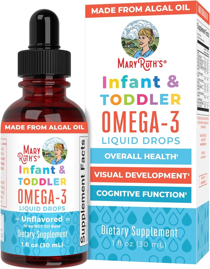 MaryRuth Organics Infant and Toddler Omega- 3 Liquid Drops by Hoble 124; 200mg DHA and 2mg EPA Per Serving 124; Overall Wellness and Healthy Development 124; Unflashored 124; 1 Fl Oz