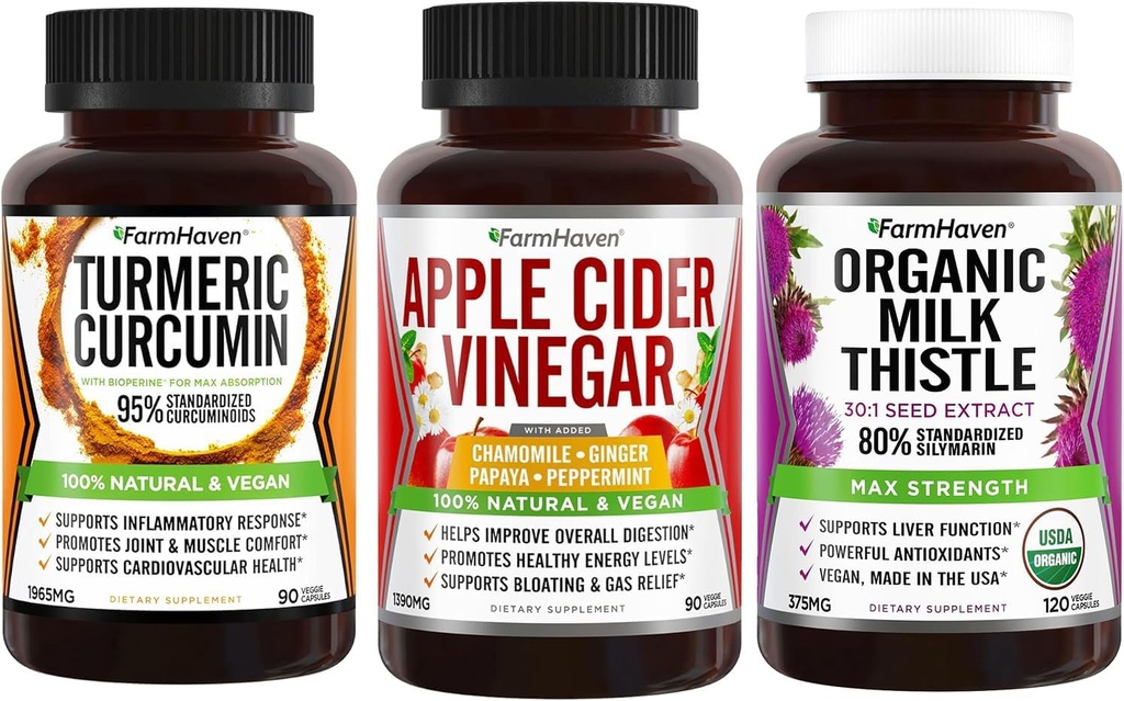FarmHaven Turmeric Curcumin dengan Black Pepper dan Apple Cider Vinegar dengan Ginger dan Milk Thistle