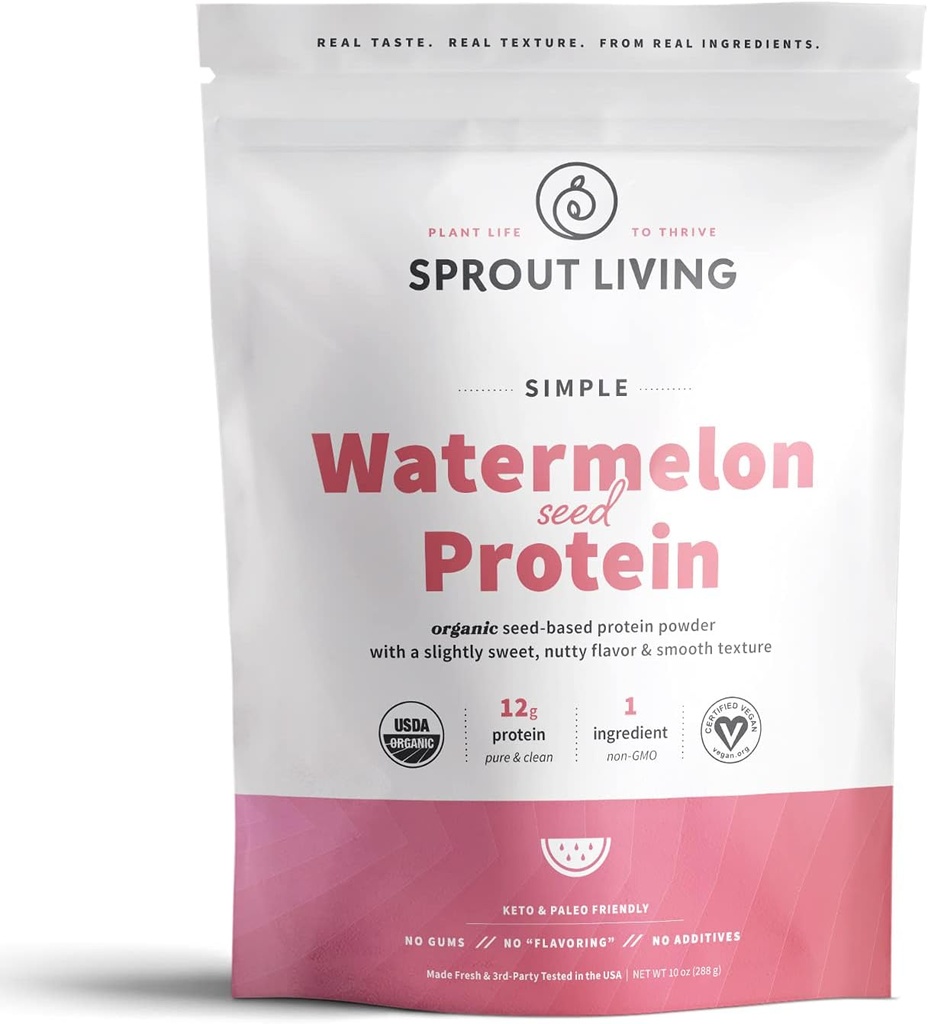 Sprout Living Simple Weadmelon Protein Powder, 12 Grams Organic Plant Based Protein Powder Without Artificial Sweeteners, Non Dairy, Non-GMO, Vegan, Gluten Free, Keto Drink Mix (10 Oz)