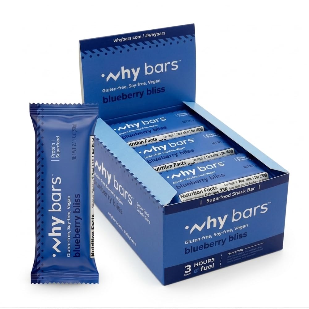 Mengapa Bars, Protein Bars, Blueberry Bliss, 2.04 Ounce Bars (Sebungkus 12 Protein Bars) - Protein Bar Superfood, Gluten Free, Non GMO, Organik, Vegan, Ingrediens sederhana