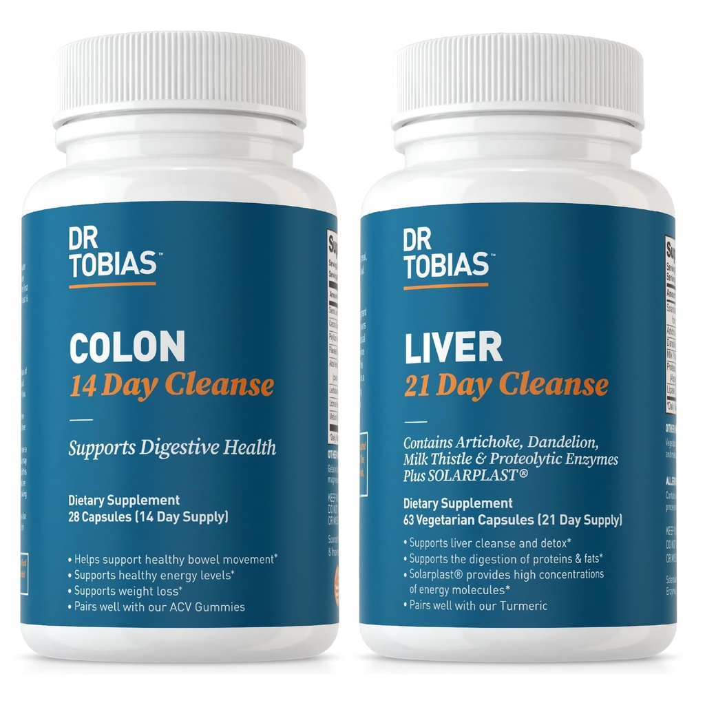 Dr. Tobias Colon 14 Day Cleanse & Liver 21 Day Cleanse Suplemen, dengan Fiber, Herbs & Hereplas, Solarplast, Artichoke, Milk Thistle, Support Gut and Liver Health.