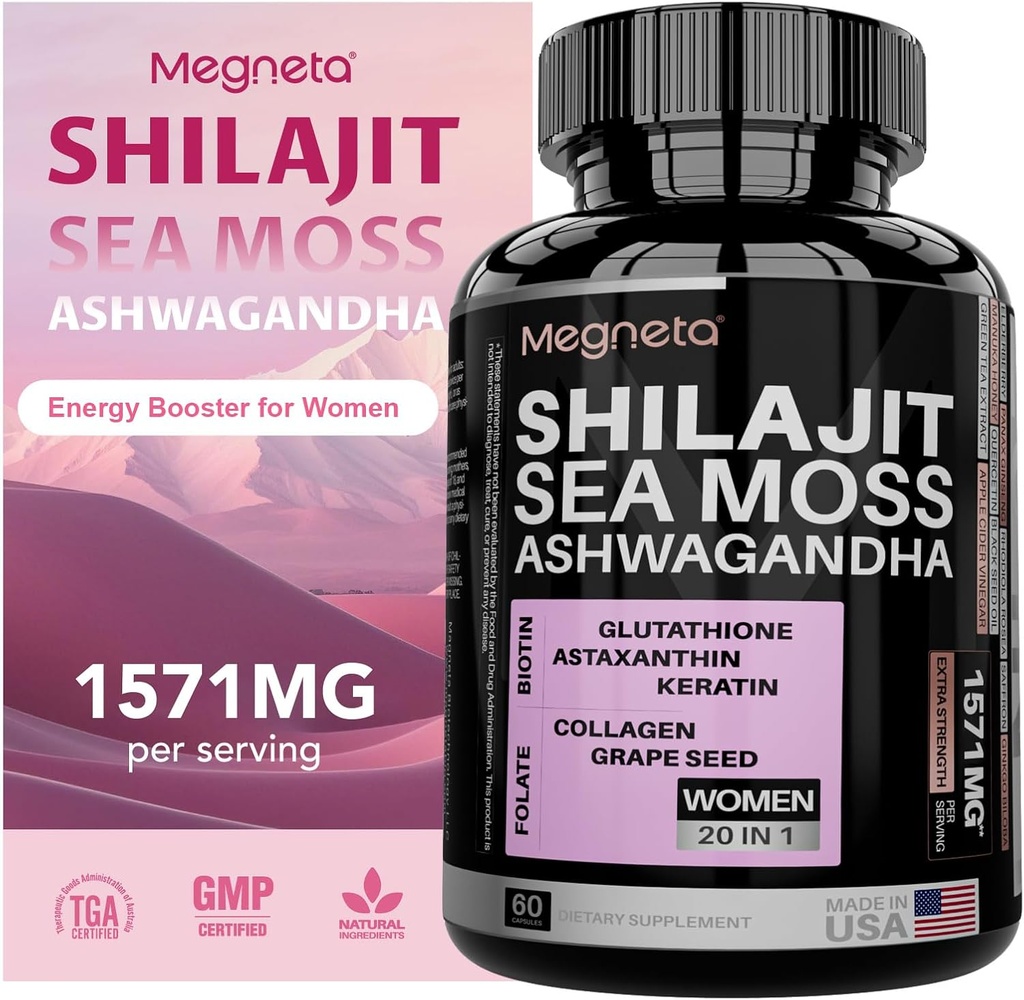 -Dalam satu laut Moss, Shilajit, Ashwagandha & Glutathione Suplemen untuk Perempuan, Boosts Energi, 60 Kapsul
