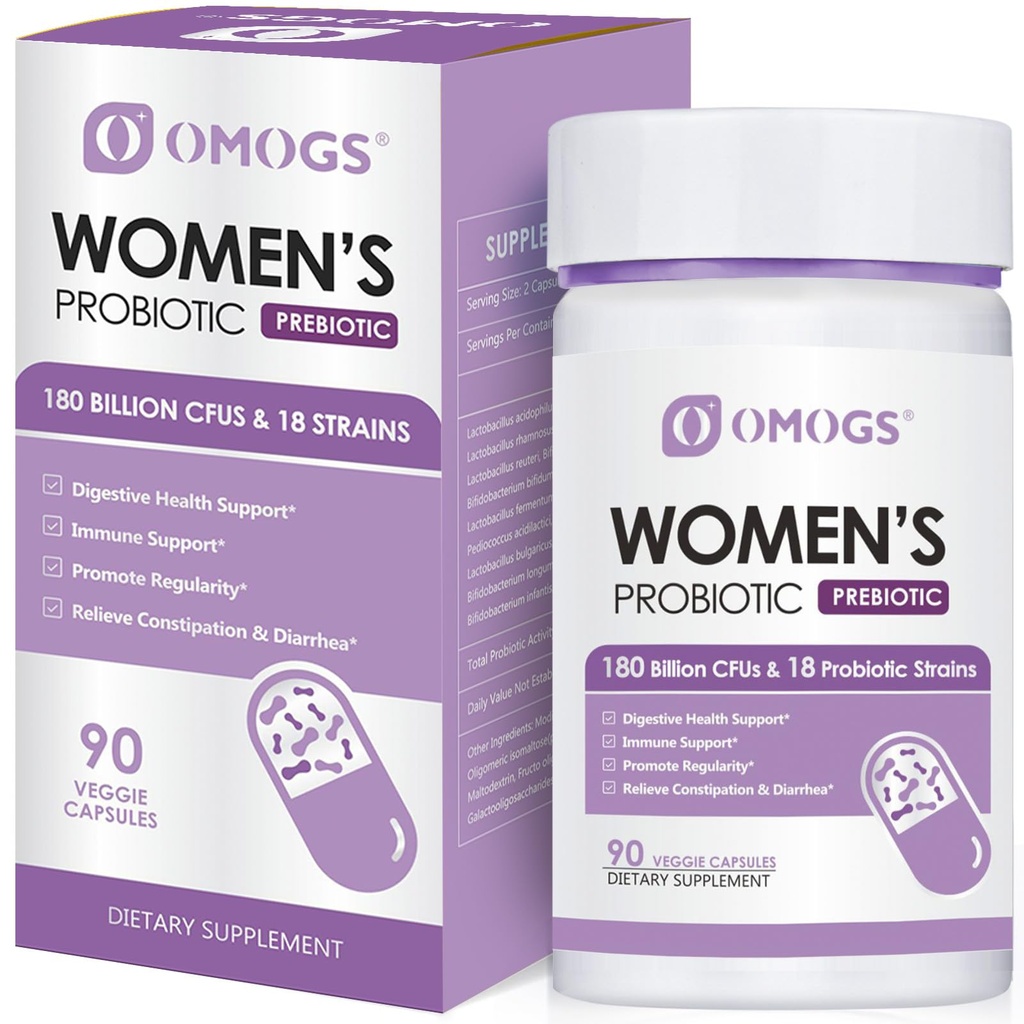 OMOGS Women 's Probiotic 180 Milion CFUU 18 Strains, with Organic Pregities, Cranberry Extract, D-Mannose & Digevical Enzemes, for Digevices, Boost Imune, PH Saldo & Urethral Health, 90 Capsules