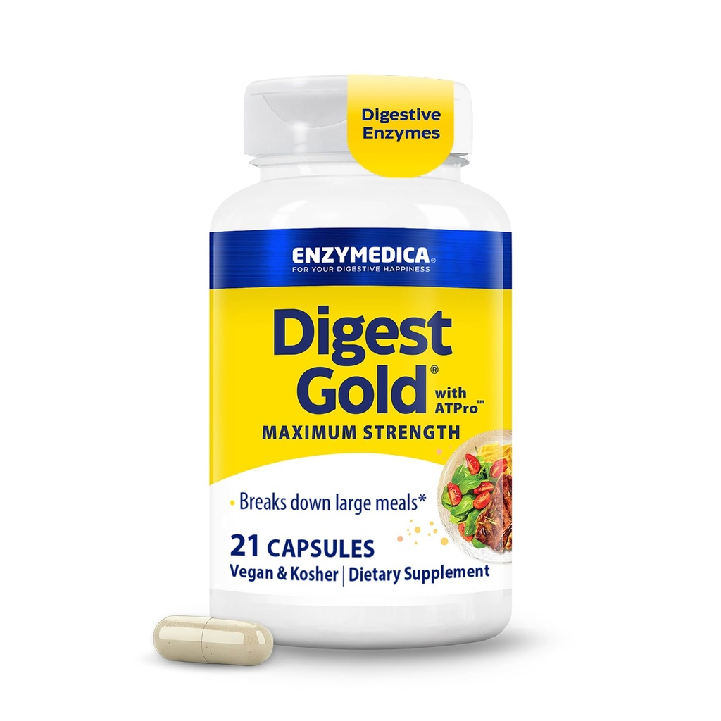 Enzymedica Digest Gold + ATPro, Maximum Power Enzyme Formula, Prevents Bloating and Gas, 14 Key Enzymes Termasuk Amylase, Protease, Lipase dan Lactase, 21 Capsules (FFP)
