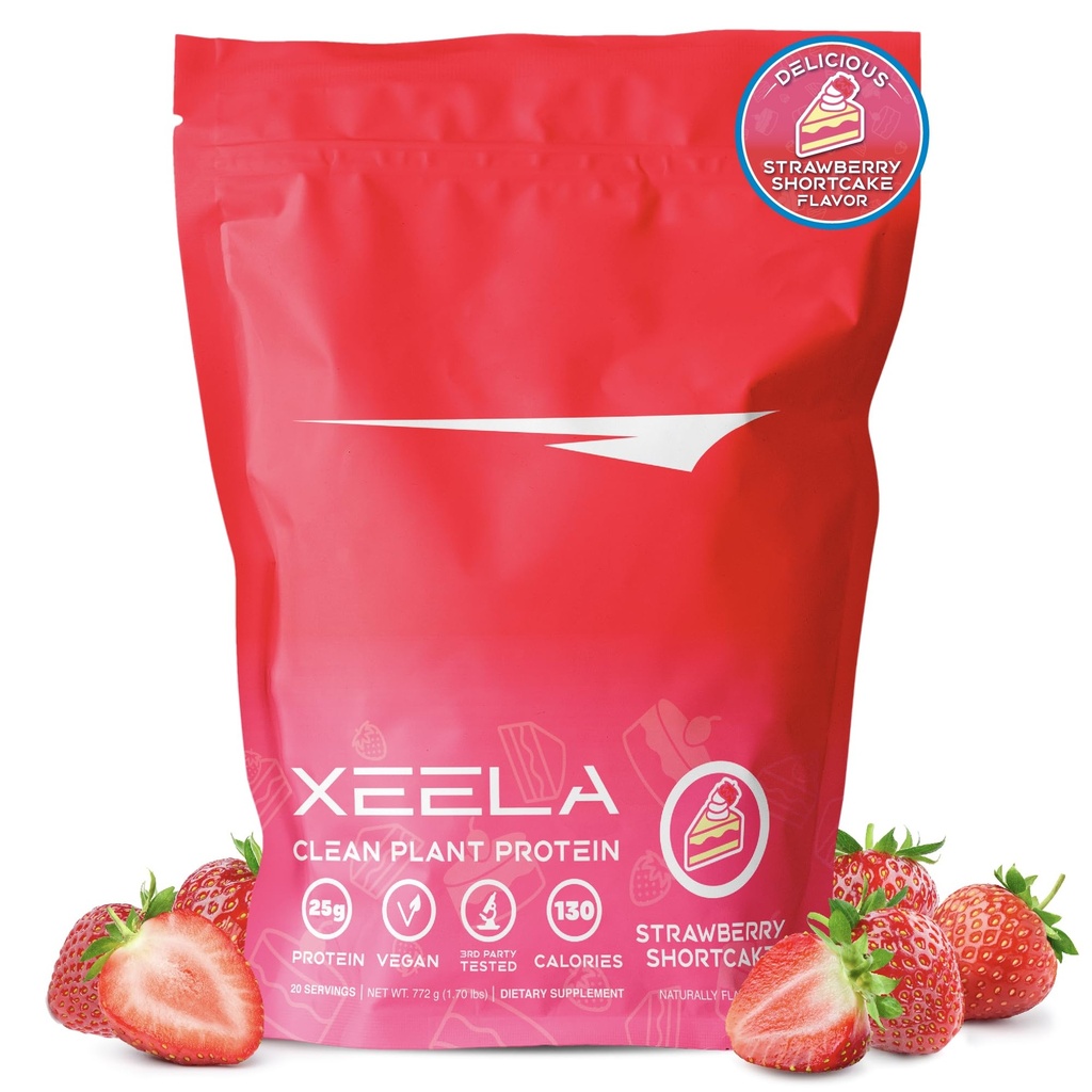 XEELA Plant Based Vegan Protein Powder - Diuji secara mandiri - 25g High Protein, Pea Protein for Men & Women - Vitamin & Minamins, Non GMO, Dairten & Gluten Free, LowCarb & LowFat (Kue Strawberry)