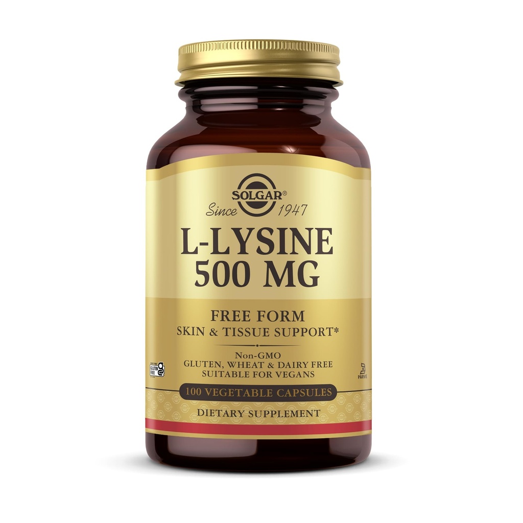 Solgar L-Lysine 500 mg - 100 Vegetable Capsules - Skin & Tissuls Dupport - Non-GMO, Vegan, Kosher, Gluten Free - 100 Servis