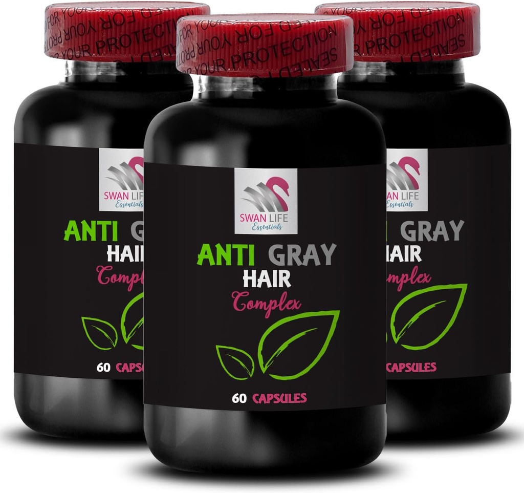 Anti suplemen rambut abu-abu - ANTI GRAY HAIR KOMPLEX - dukungan rambut abu-abu, warna rambut Luminous, warna rambut, perlindungan warna, semangat muda, transformasi rambut 3 Bot 180Caps
