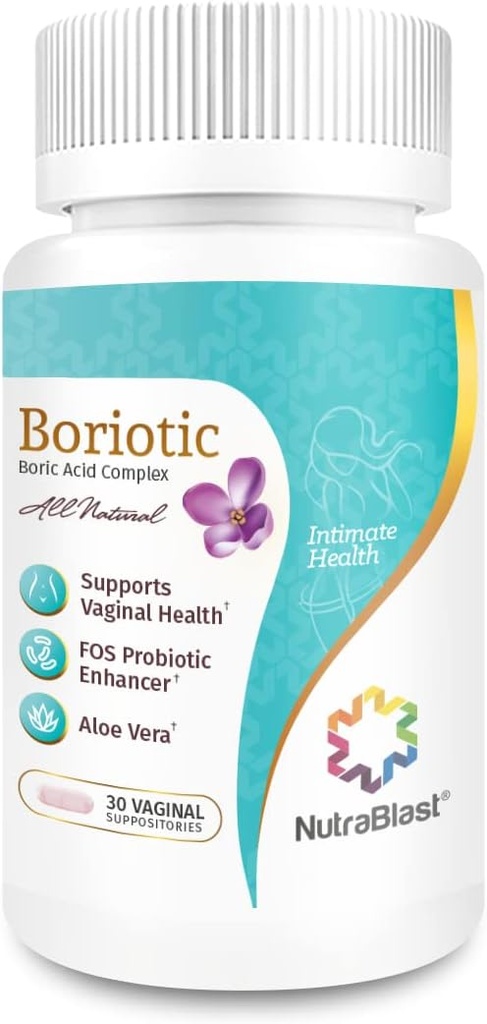 Nutrablast Boric Acid Vaginal Suppotory Complex w / Aloe Vera & FOS Prebiotic Enhancer 124; All Natural Brootic 126; Made in USA (30 Count)