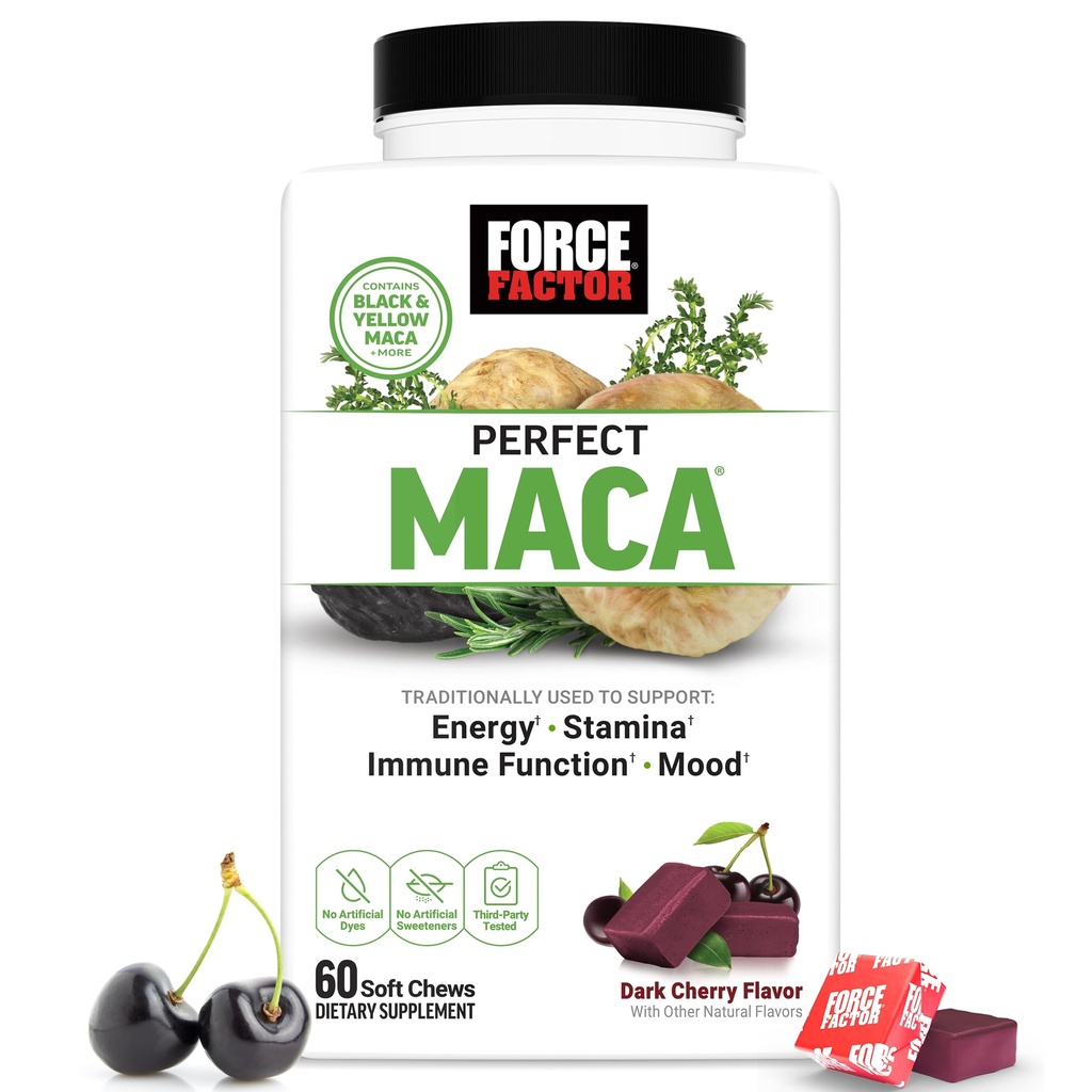 ForCE FacTOR Perfect Maca, Maca Root and DIM Suplemen dengan Saffron ke Boost Energy dan Mood, dengan Yellow and Black Maca, Vitamin, Mineral, dan Antioksidants, Cherry Flavor Gelap, 60 Soft Chews