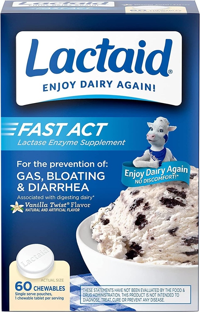 Lactaid Fast Act Laktosa Intoleransi Relief Chewables dengan Lactase Enzyme untuk Mencegah Gas, Bloating & Diare Karena LactoeSensitivity, Aku berurusan untuk Travel & On- The Go, Vanilla Twist, 60 Pap 1. (5pk)