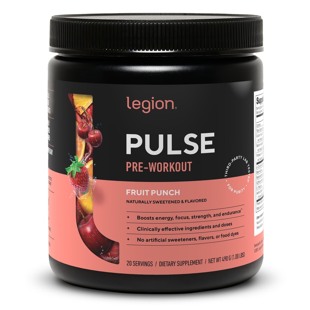LEGION Pulse Pra Workout Suplemen - Semua Natural Nitric Oxide Pretraining Minum untuk Boost Energy, Creatine Free, alami Sweetened, Beta Alanine, Citrulline, Alpha GPC (Fruit Punch)
