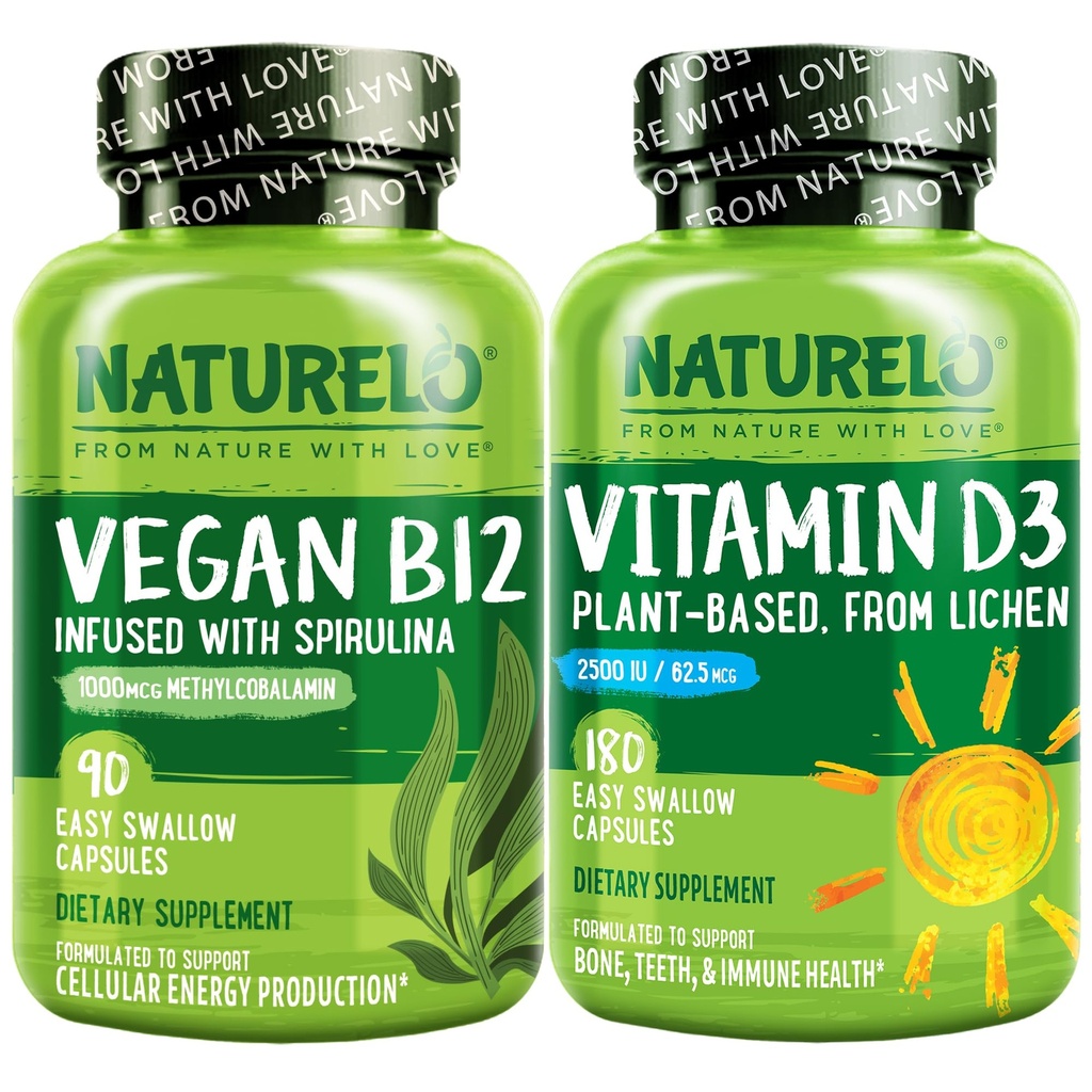 NATURELO Vitamin D - Tanaman Berdasarkan dari Lichen - 180 Mini Capsules, Vegan B12, 1000 mcg Methylcobalamin - 90 Capsules