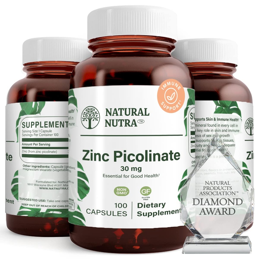 Nuttra Natural Zinc Picolinate 30 mg, Kekuatan Ganda, Raw dan Pure, Suplemen Sangat Biotersedia untuk Perkembangan dan Dukungan Imune, Membantu Propler Skin Kesehatan, Membantu Metabolic System 100 Kapsul