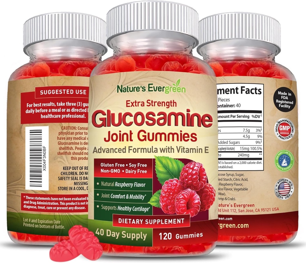 Ekstra Kekuatan Glucosamin Bersama Mendukung Tambahan Gummy 124; Dukungan Kesehatan Gabungan Alam & Fleksibilitas Untuk Kembali, Knee, & Tangan 124; Vitamin E Untuk Dukungan Imune Bagi Perempuan & Pria 124; 120 Gummies