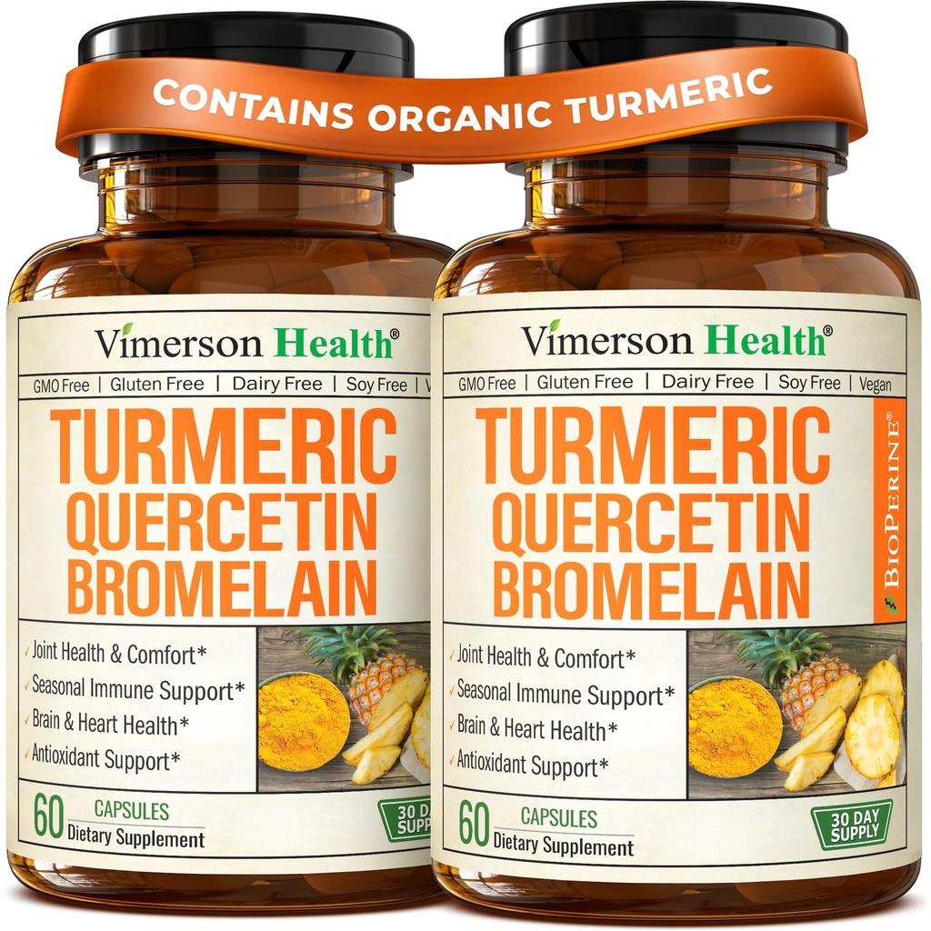 Quercetin bersama Bromelain Turmeric Curcumin Suplement - Allergy Relief, Joint & Imune Support - Organic Turmeric Suplemen dengan Black Pepper (Bioperine) - Quercetin 500mg Capsules 2 Pack