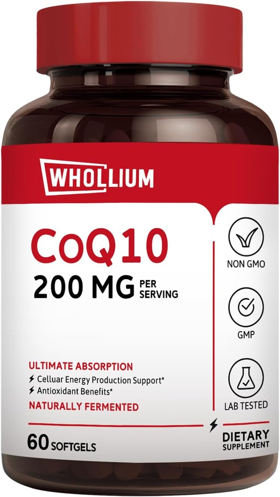 CoQ10 200mg Per Serving, Extra Virgin Olive Oil, Ultra Absorpsi, Pasmentasi Alami, Koenzim Q10 Suplemen, Produksi Energi, Hati Sehat, Penuaan, 60 Softgels