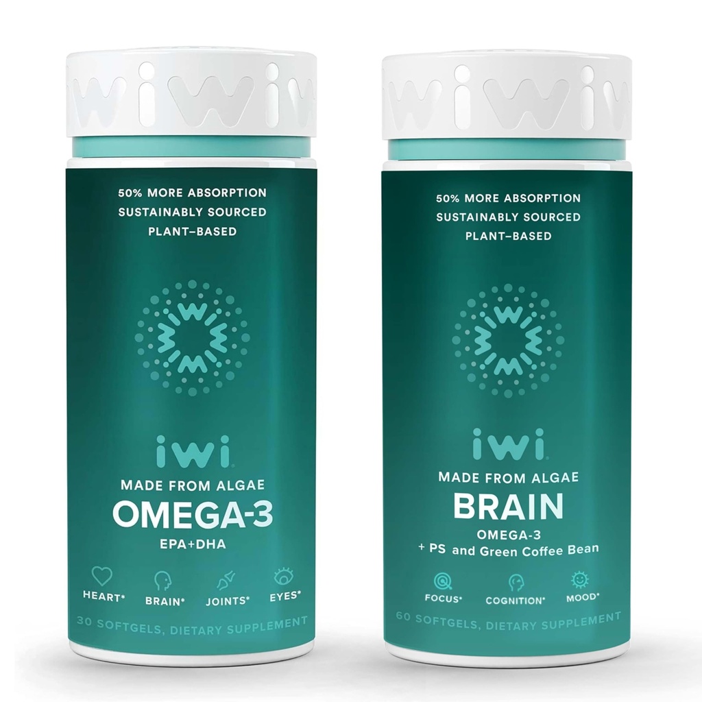 Iwi Omega-3 & Brain Omega-3 Bundle, 30 hamba, Vegan Plant-Based Algae Omega 3 dengan EPA + DHA, Krill & Fish Oil Alternative, No Fishy Aftertaste