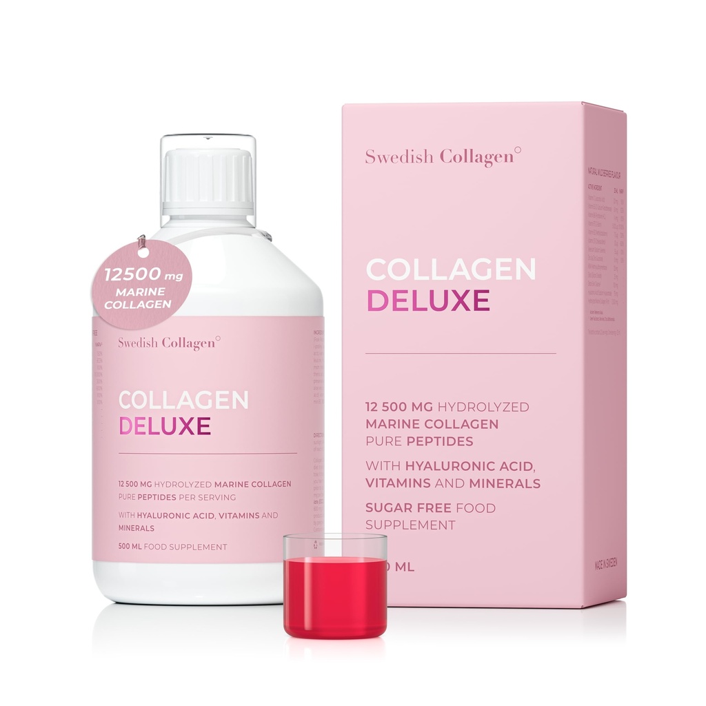 Swedia Collagen Deluxe 12.500 mg Hydrolyzed Marine Collagen Liquid Suplement SugareAcid, Biotin dan Vitamin C untuk mendukung Rambut Healthy, Skin, Nails 124; Sugar- Free
