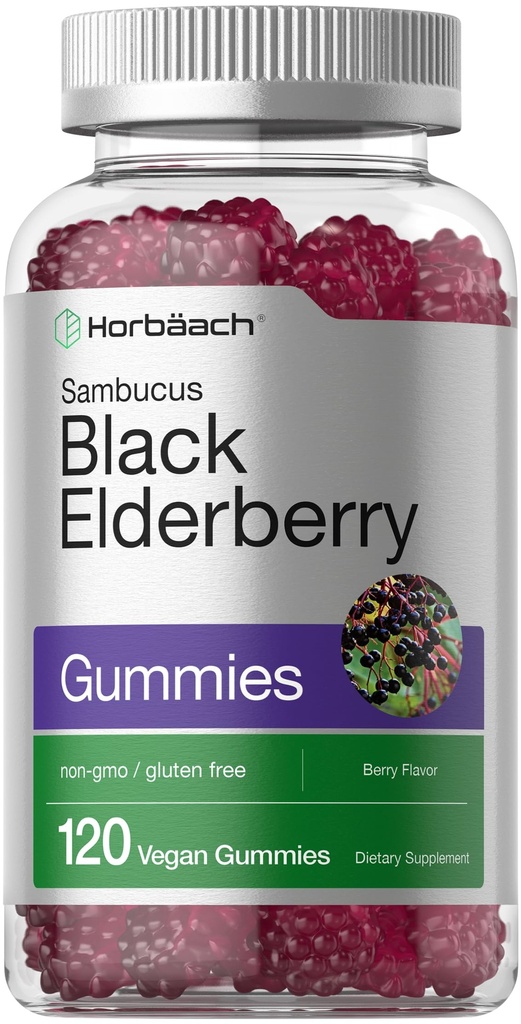 Horbaach Black Elderberry Gummies 124; 120 Count 124; Sambucus Extract 126; dengan Zinc dan Vitamin C 124; Berry Flavor 124; Vegan, Non-GMO, dan Gluten Free Supplemen untuk Dewasa