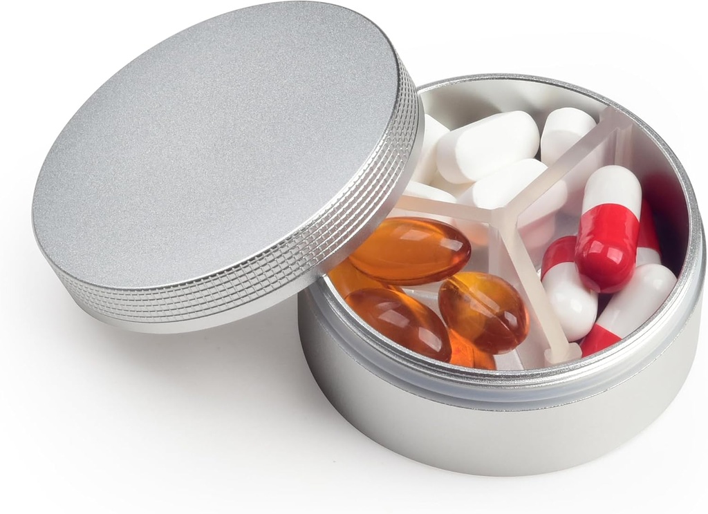 Kompartemen Kasus Pil Kecil 3, Metal Round Portable Pill Box, Travel Pill Organizer, Pocket Purse Medicine Vitamin Holder EDC Container (Silver)