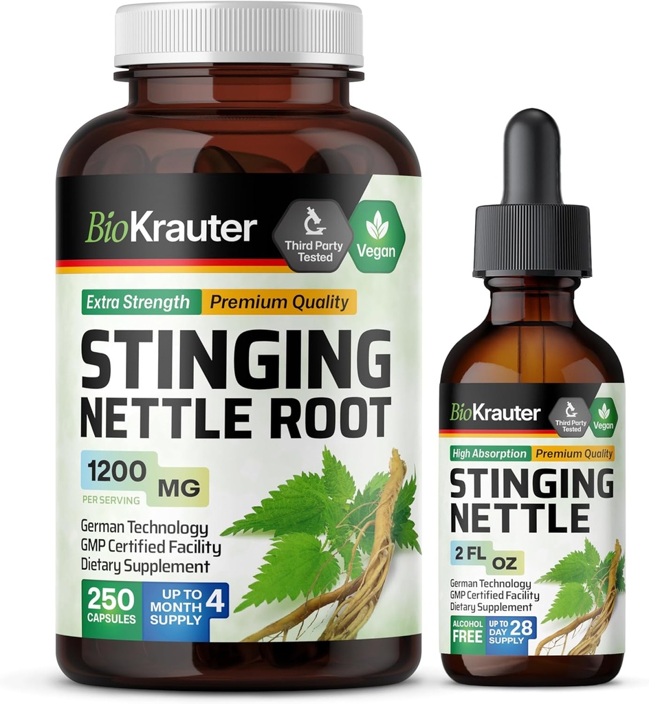BIO KRAUTER Stinging Nettle 250 Capsules & Stinging Nettle Tincture 2 Fl Oz.