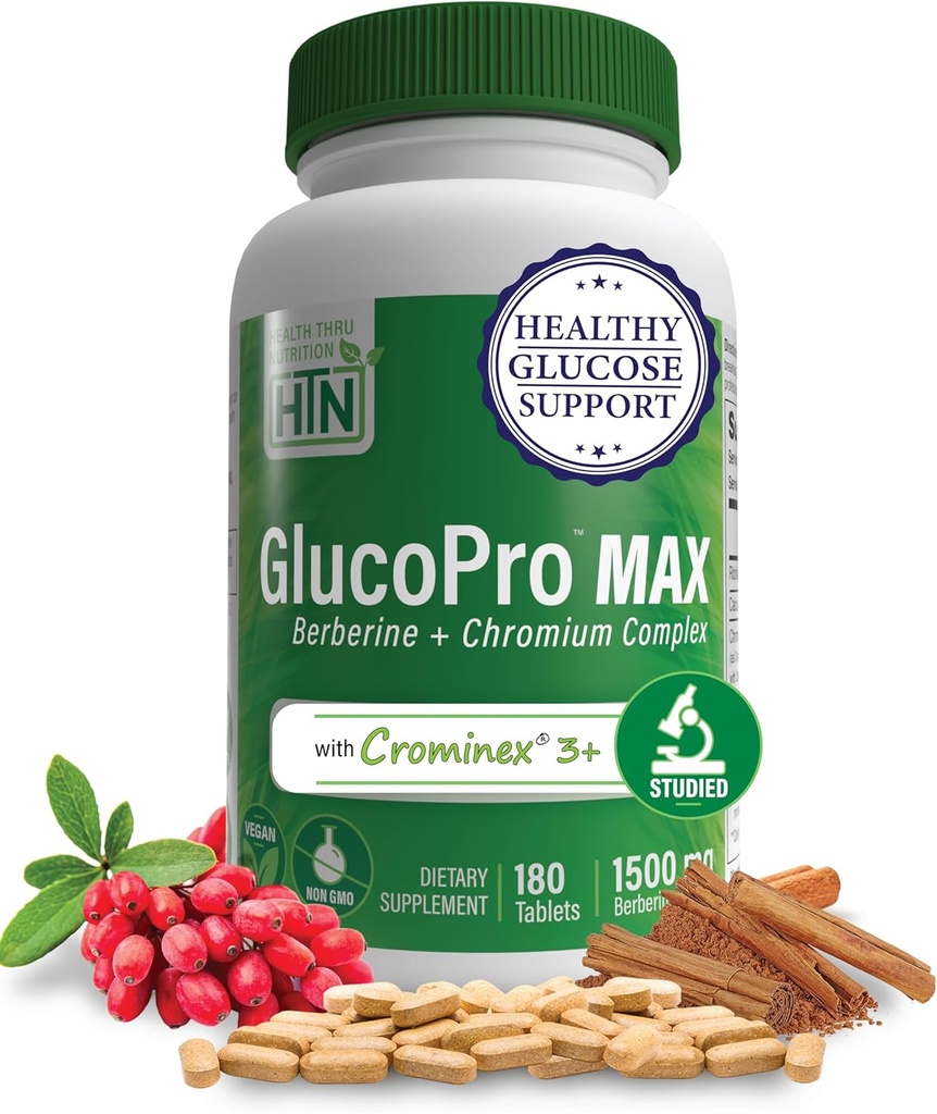 Health Thru Nutrition GlucoPro Max - dengan 1.500mg Berberine, Chromex + Chromium, dan 1.000mg Cinnamon 124; Vegan, Non- GMO, Gluten Free 124; Kemasan 180