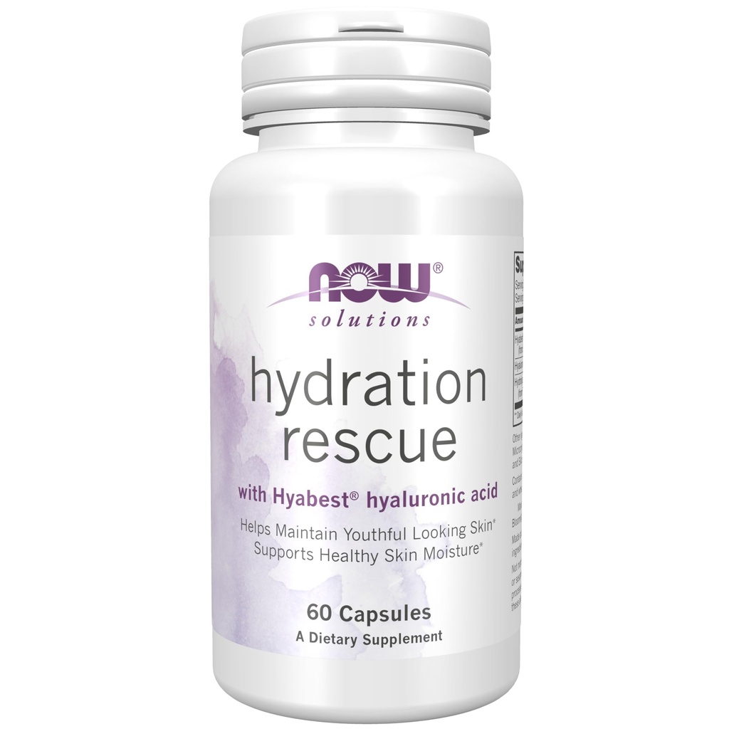 NOW Foods Solutions, Hidration Rescue with Hyabest ® hyaluronic acid, Helling Feather Youthful Looking Skin *, Support Healthy Skin Moiguez *, 60 Veg Capsules