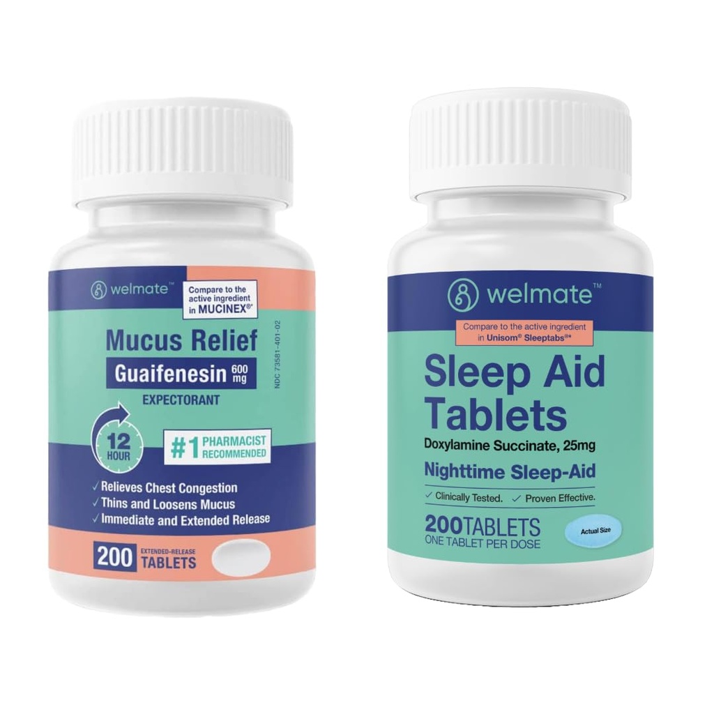 WELMATE Nighttime Wellness Bundle: Musus Relief Guaimtenesin 600mg Muscus Relief (200 Ct) & Doxylamine Succinate 25mg Sleep Aid (200 Ct) Advance 124; Extended Relief for Restful Sleep