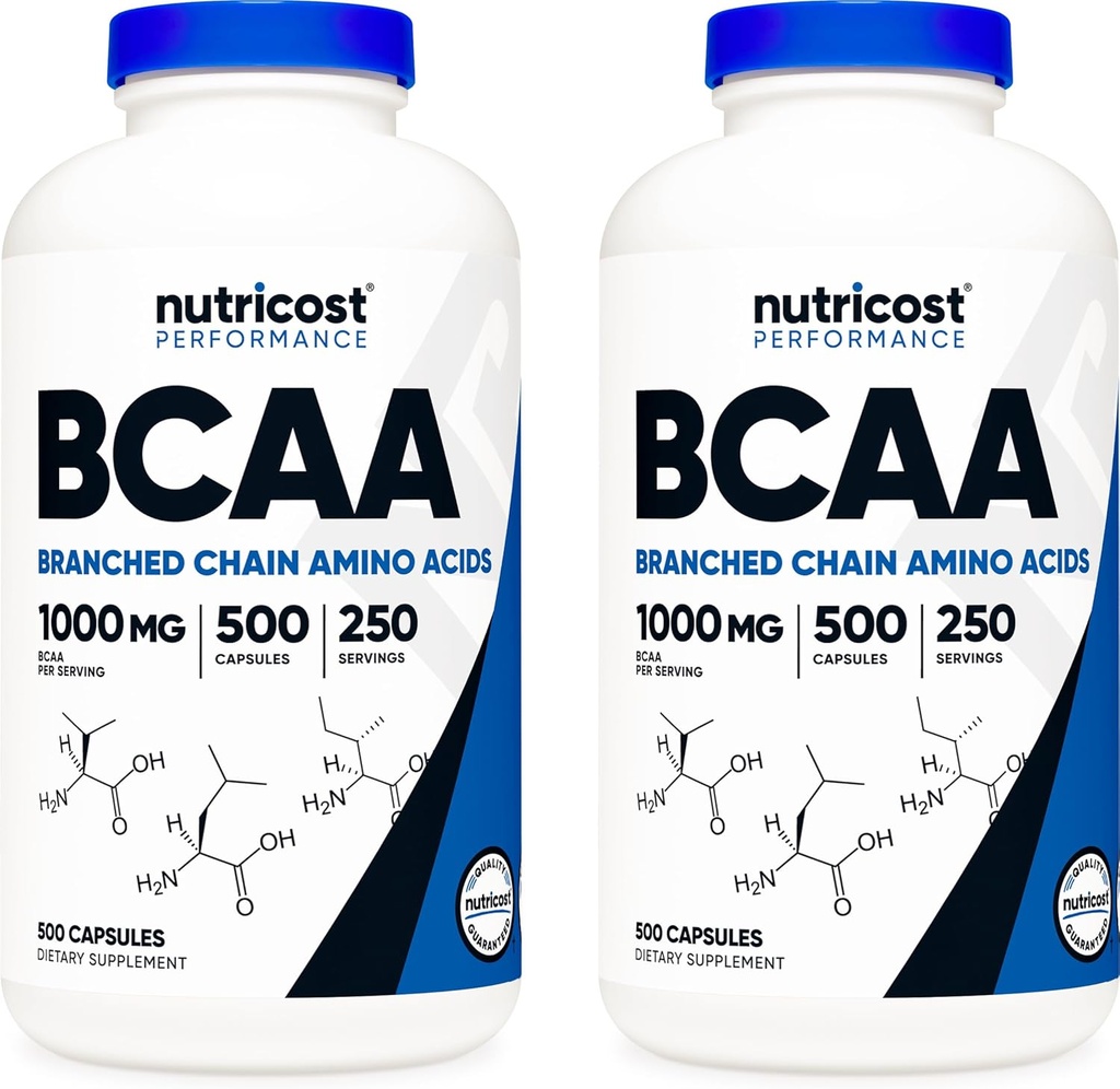 Nutricost BCAA 1000mg, 500 Capsules (250 Serv), 2: 1: 1 Branched Chain Acids Amino (500mg dari L-Leucine, 250mg dari L- Imourinus dan L-Valine) (2 Botol)