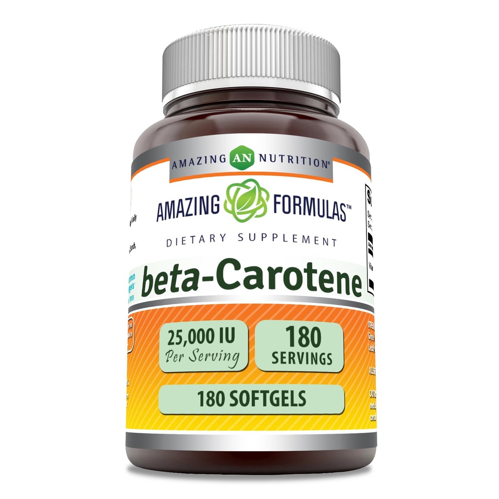 Amazing Formulas Beta- Carotene Suplemen: 124; 25000 IU per Serving 124; 180 Softgels 124; Non-GMO 124; Gluten- Free 124; Made in USA