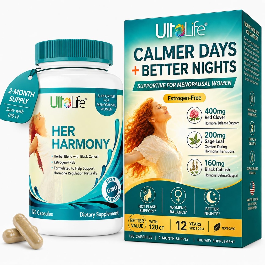 UltaLife Her Harmony Menopause Suplemen Perempuan - Hot Flashes Menopause Relief & Hormone Keseimbangan untuk Perempuan - Berisi Cohosh Hitam, Dong Quai, Red Clover & More - Estrogen Bebas - 120 Kasules
