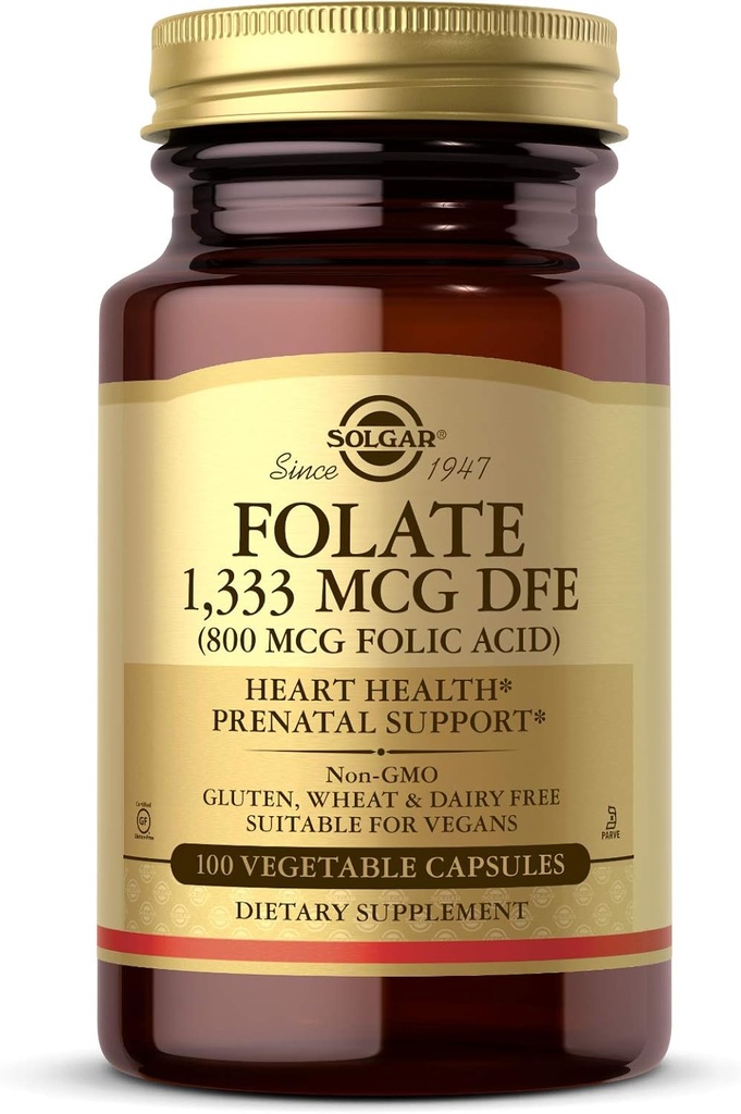 Solgar Falate 1.333 mcg Dileating Equevalen (800 mcg Folic Acid), 100 Vegetable Capsules - Heart Health, Heally Nervous System, Prrenatal Dupport - Non-GMO, Vegan, Gluten Free - 100 Servings
