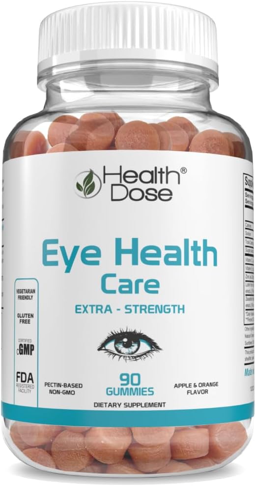 Health Dose Eye Health Care Vitamin with Lutein bakalan mendukung Eye Strain, Dry Eyes & Viformance Apple & Orange Flavor 90 Gummies.