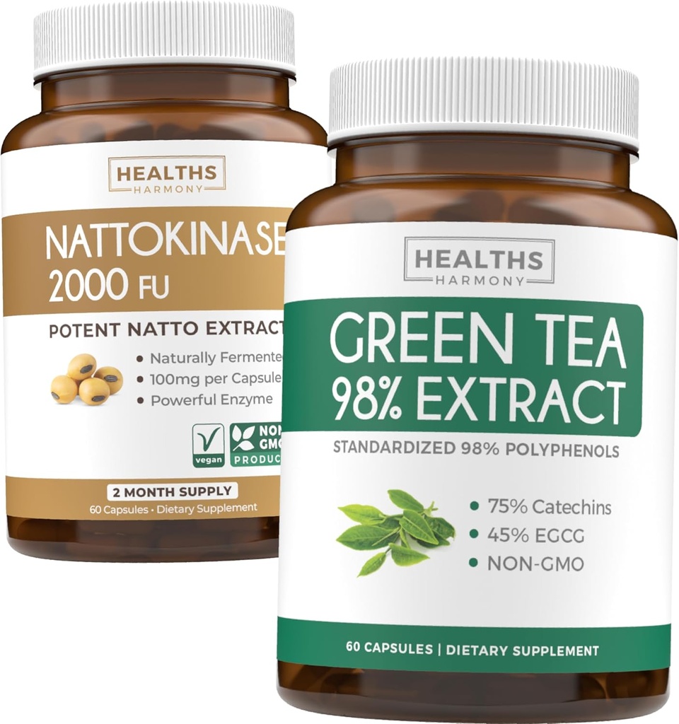 Nattokinase & Green Tea (1 Bulan Supply) Energy Boost Bundle - Nattokinase 2000 FU powerful Fermentasi Soybeans (60 Caps) & Green Tea Extract 98% dengan EGCG (Non-GMO) Natural Metabolisme Boost