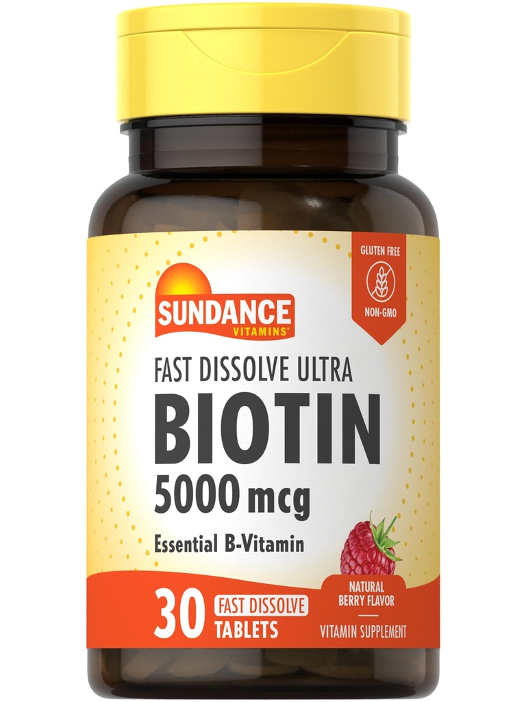 Sundance Fast Dissolve Biotin 5000mcg 124; 30 Tablet 124; Estibe B-Vitamin 124; Natural Berry Flavor 124; Vegetarian, Non-GMO, dan Gluten Free Supplemen