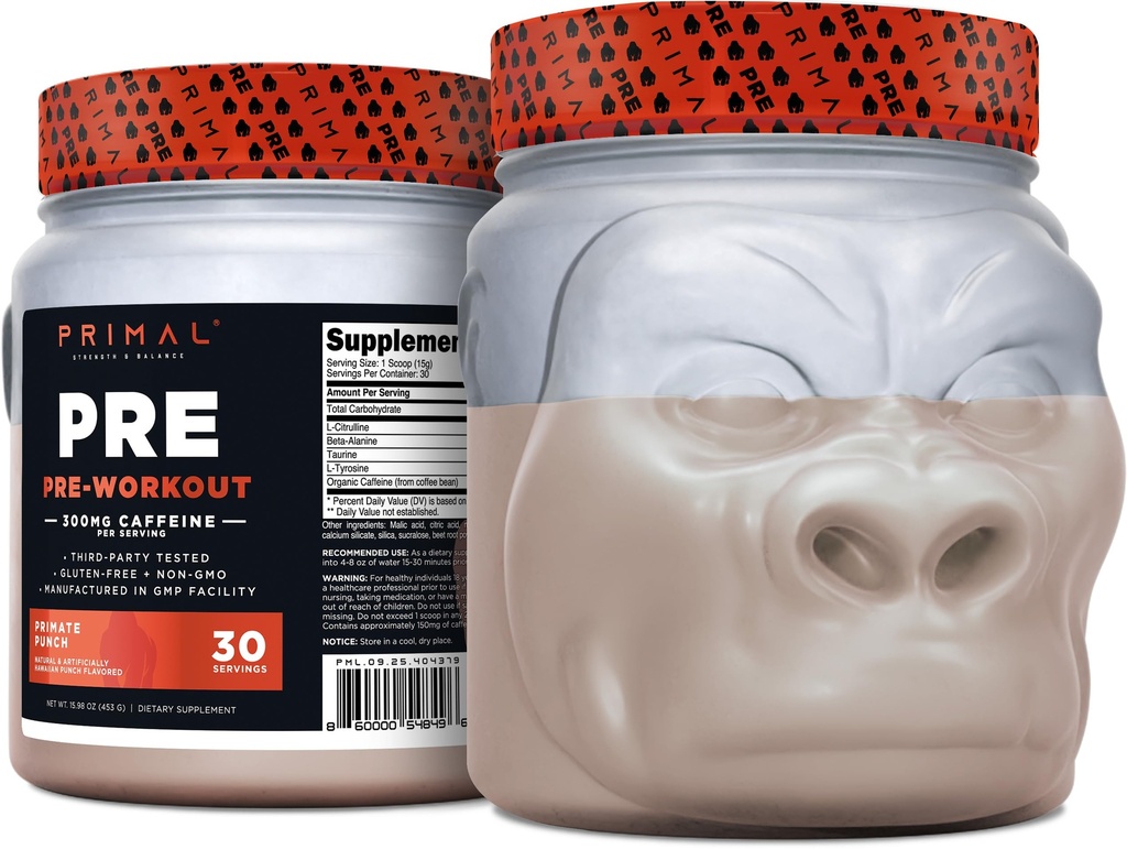 Primal Pre- Workout Primata Punch (30 Pelayan) (Tropical Flavored) - Gluten Free & Non- GMO