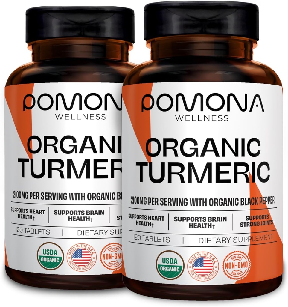 Pomona Wellness Organic Turmeric Supplement 2100 mg, USDA Organic, Non- GMO, Vegan, Turmeric Curcumin dengan Black Pepper untuk Absorpsi, untuk Gabungan Dukungan dan kekebalan, 240 Tablet (2 Pack)